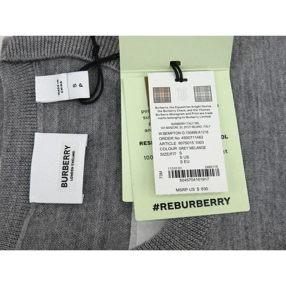 $830 BURBERRY BEMPTON GRAY MERINO WOOL ELBOW CHECK PATCHES PULLOVER SWEATER S